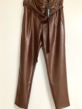 Brown Faux Leather Paperbag Waist women’s Pants